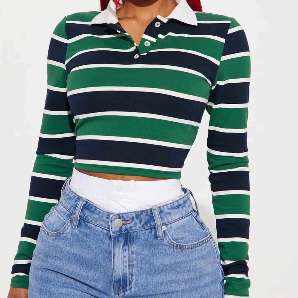 Fashion Nova Green and Navy Striped Crop Top